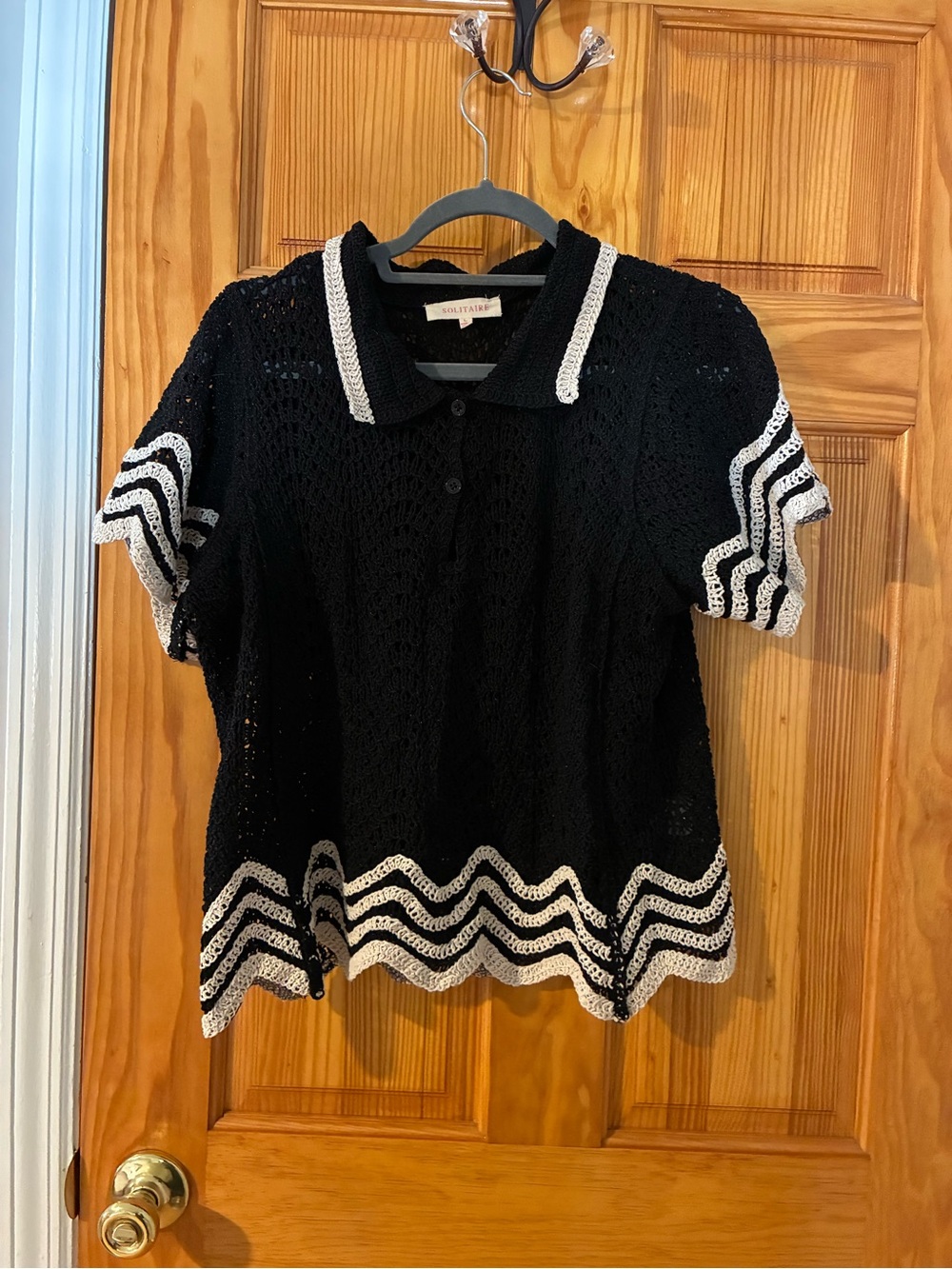 Solitaire Black Crochet Polo Top with White Chevron Trim